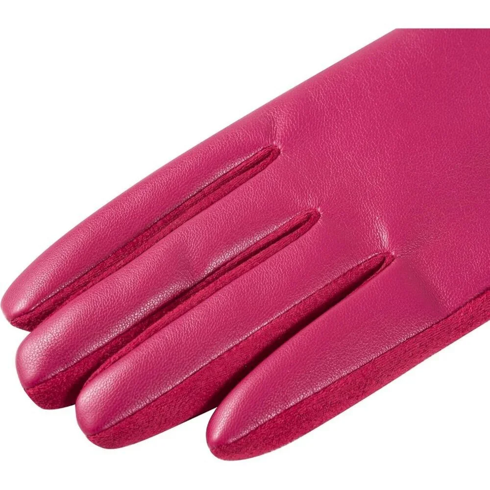 Women's Rose Red Winter Leather Suede Gloves Wool Lined Windproof Touchscreen